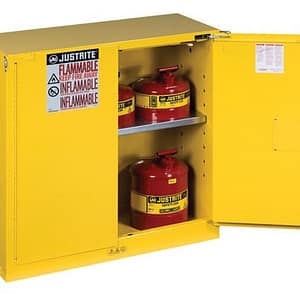 30 gallon safety cabinet that has one door open, containing 1 shelves and has a yellow finish, by Justrite.