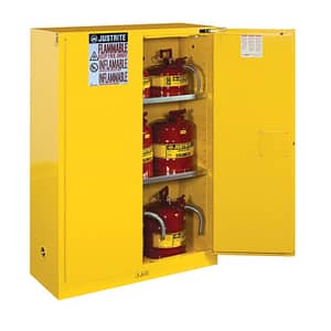 45 gallon safety cabinet that has one door open, containing 2 shelves and has a yellow finish, by Justrite.