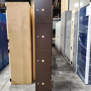 Used four-tier plastic laminate lockers with a wood style finish.