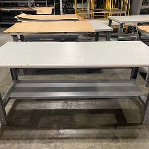 Multiple used workbenches with adjustable legs