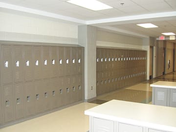 Heavy Duty Corridor Lockers in a hallway, by Republic Storage.