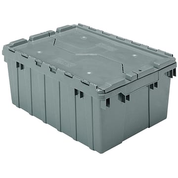 A gray, Attached Lid Container by Akro-Mils.