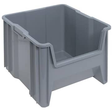 Large sized gray, Stack-n-Store bin by Quantum Storage Systems.