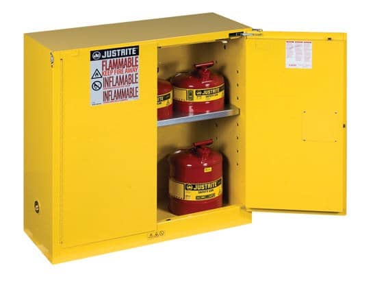 30 gallon safety cabinet that has one door open, containing 1 shelves and has a yellow finish, by Justrite.