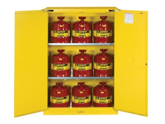 45 gallon safety cabinet that has its doors open, containing 2 shelves and has a yellow finish, by Justrite.