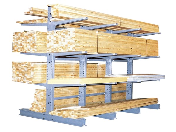 Gray cantilever rack with product on the beams.