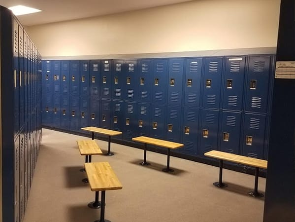 Two-tier standard lockers in a locker room in a blue finish, with a benches.