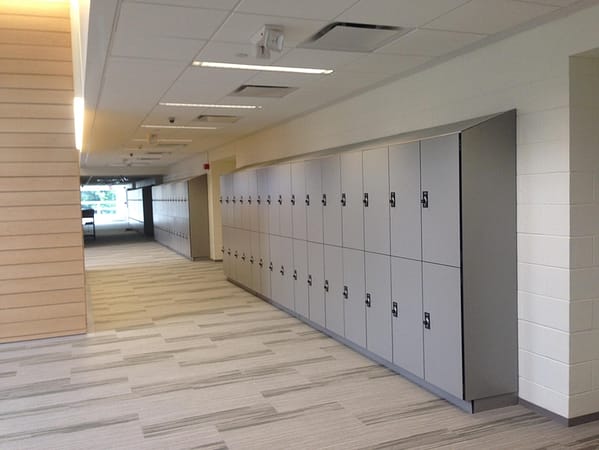 2-tier phenolic lockers in a hallway with a fog finish, by PSiSC.
