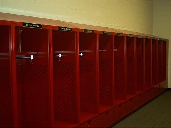 MVP Lockers with a red finish, by Republic Storage Products.