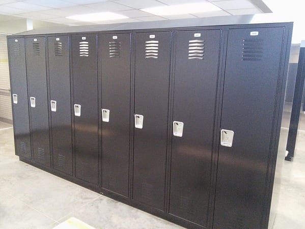 Single Point Latch II Lockers with a black finish, by Republic Storage Products.