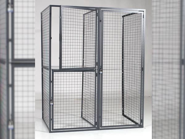 Wire partition cage with the top left door open and bottom left and right door closed, by Wirecrafters.
