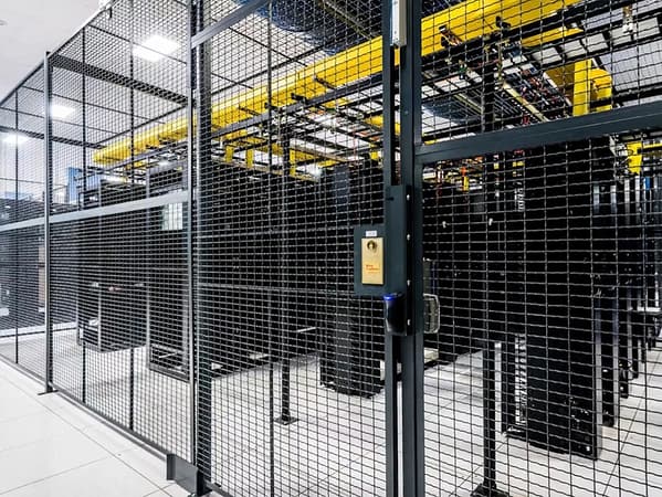 Wire partition cage functioning as a server cage filled with servers, by Wirecrafters.