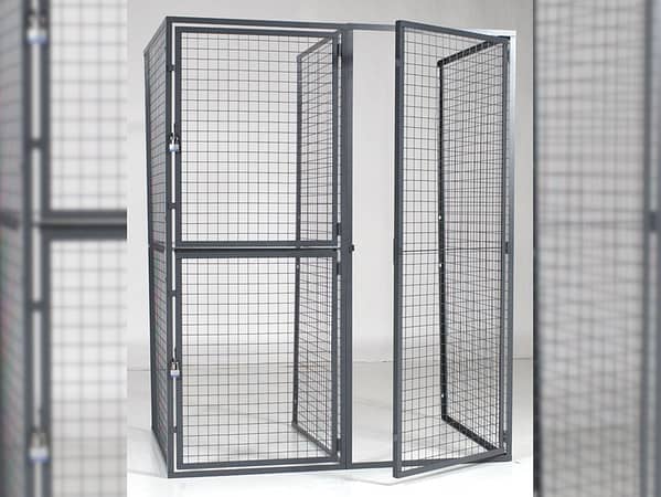 Wire partition cage with the right door open and the top and bottom left doors closed, by Wirecrafters.