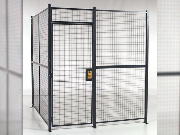 Wire partition cage with a locked and closed door, by Wirecrafters.