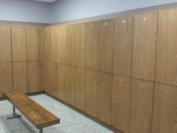 Wood lockers in a locker room.