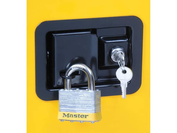A close up of a dual locking system using a padlock and internal locking system for a safety cabinet, by Justrite.