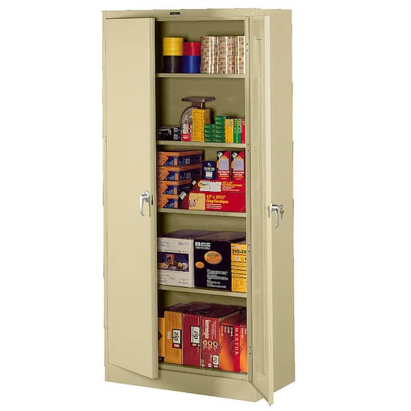 A tan deluxe storage cabinet with 5 shelves, by Tennsco.