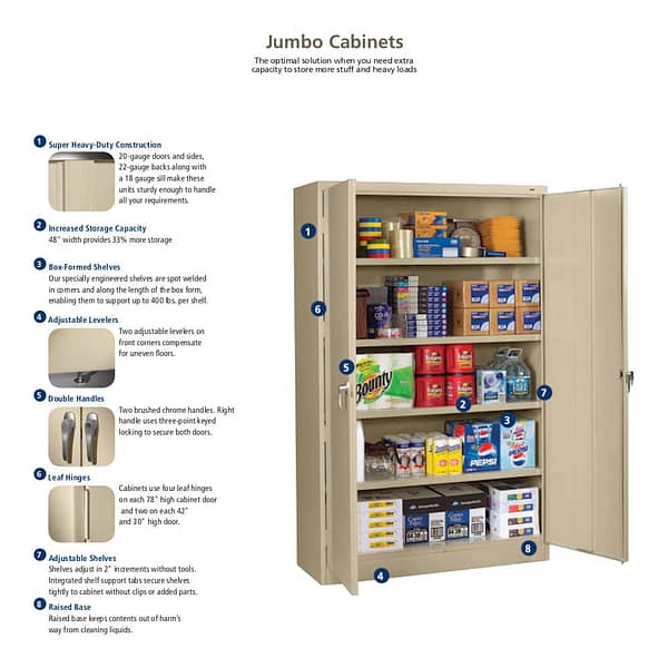 Detailed visual for a jumbo storage cabinet with 5 shelves, by Tennsco.