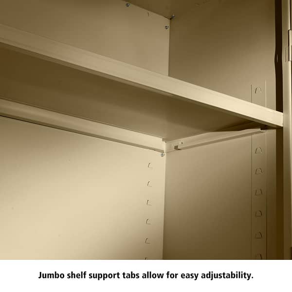 Close up of a jumbo cabinet's support tabs used for shelf adjustment.