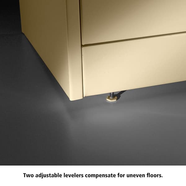 Close up of cabinet levelers, by Tennsco.