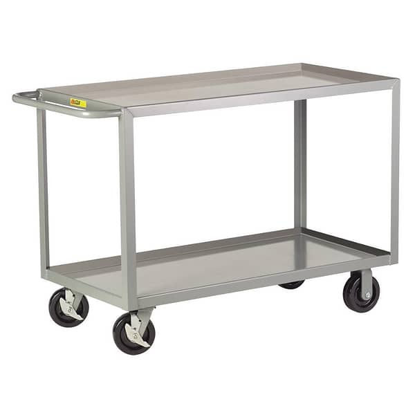 Heavy duty metal utility cart, gray in color with 2 swivel casters and 2 fixed casters, by Little Giant.