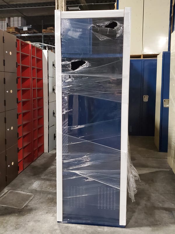 Used open front MVP metal lockers with a blue finish.