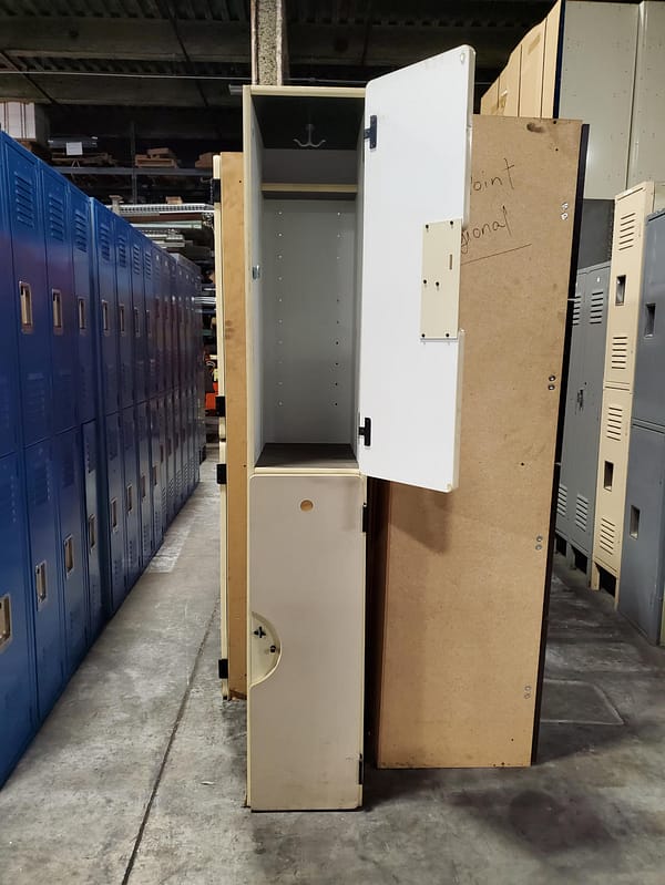 Used two-tier plastic laminate lockers with a tan finish.