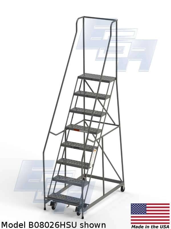 8 step gray rolling ladder, by EGA.