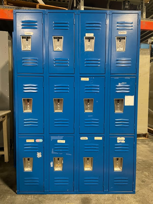 Used Triple Tier 4-Wide Blue Metal Lockers - Front