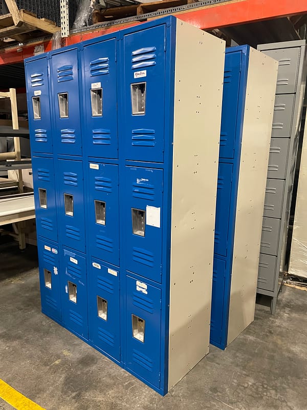 Used Triple Tier 4-Wide Blue Metal Lockers - Side View
