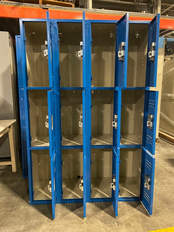 Used Triple Tier 4-Wide Blue Metal Lockers with The Doors Open