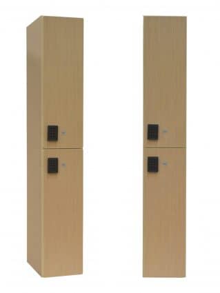 Side and front view of a two-tier plastic laminate locker with a style wood finish, by Ideal Products Inc.