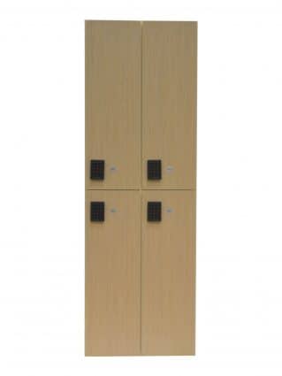 Two-tier plastic laminate lockers side to side with closed doors, with a style wood finish, by Ideal Products Inc.