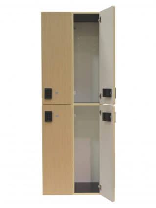 Two-tier plastic laminate lockers side to side with the right side doors open, with a style wood finish, by Ideal Products Inc.