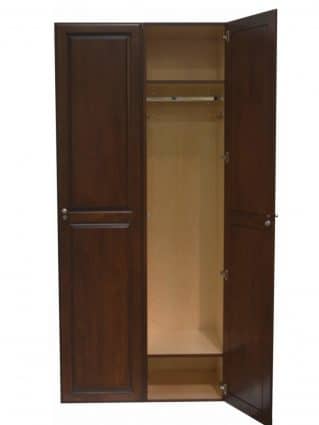 Two single-tier wood lockers side to side with the right side door open, by Ideal Products Inc.