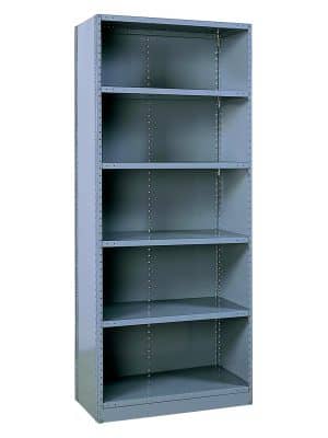 Gray metal clip shelving with a back by Republic Storage Products.