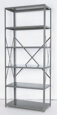 Gray metal clip shelving by Republic Storage Products.