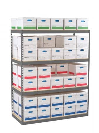 Tennsco record shelving, 4 tiers, large width.