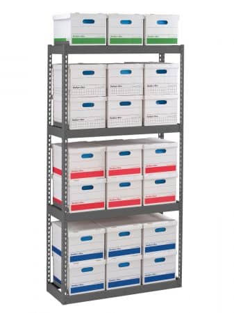 Tennsco record shelving, 4 tiers, small width.