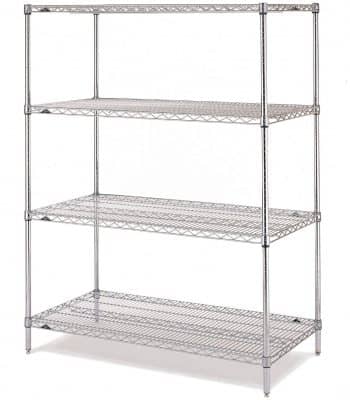 Wire shelving with 4 tiers on posts by Metro.