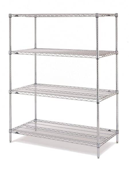 Wire shelving with 4 tiers on posts by Metro.